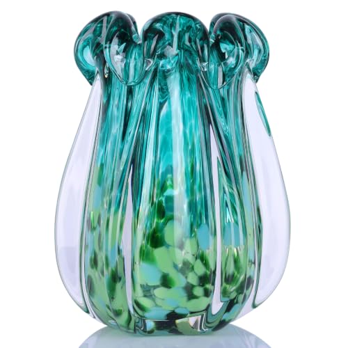 Hand Blown Glass Vase, Emerald Green Teal Art Glass Vase with Unique Wavy Rim Design, Handmade Decorative Flower Vase for Living Room Table Centerpiece, Modern Home Decor Gift - color: S-dark Green