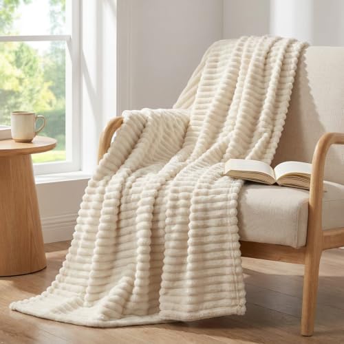 Nookly Beige Twin Size Fleece Blanket, Soft Lightweight Ribbed Plush Bed Blanket, Cozy All-Season Striped Fleece Twin Throw for Bedroom and Home, 60x80 Inches - color: Beige, size: Twin(60"x80")