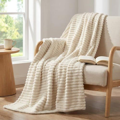 Nookly Beige Twin Size Fleece Blanket, Soft Lightweight Ribbed Plush Bed Blanket, Cozy All-Season Striped Fleece Twin Throw for Bedroom and Home, 60x80 Inches - color: Beige, size: Twin(60"x80")