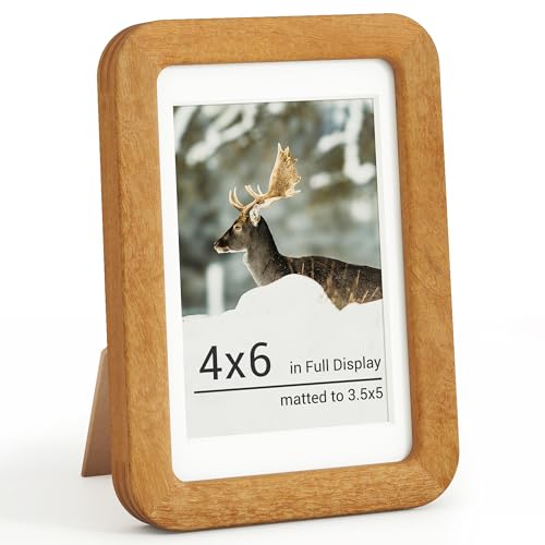 RICHFOCUS 4x6 Picture Frame, Solid Teak Wood Photo Frame with Double Tenon Rounded Corner & Chamfered Curved Edge, 4 by 6 Wooden Frame Matted to 3.5x5 Photos, Diploma Certificate Document Frame - color: Teak, size: 4x6