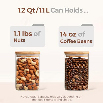ComSaf 1.2 QT Glass Storage Containers with Lids, Glass Jars with Lids, Clear Food Jar, Square Canister Set of 6, Pantry Organizers and Storage for Cookie Flour Oat Pasta Tea Coffee Bean (Pack of 2) - size: 1.2Qt*6 (Pack of 2)