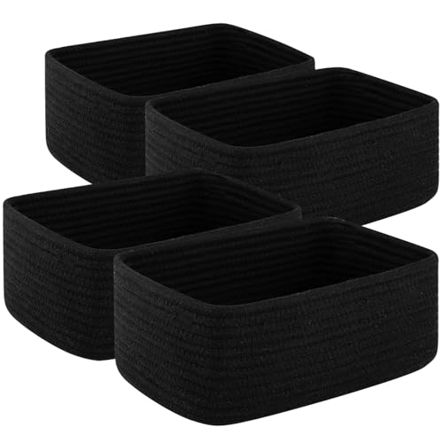 OIASKET 4 Pack Small Storage Shelf Baskets for Organizing, Mini Woven Rope Storage Bins for Towels, Cute Decorative Closet Organizer，Baby Nursery, Gift Empty Baskets -11.81''Lx7.87''Wx4.72''H-Black - color: Black, size: 11.81"Lx7.87"Wx4.72"H
