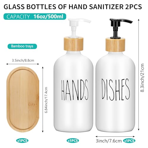 2 Pack 16 Oz Glass Soap Dispenser Set with Tray, Hand Dish Soap Dispenser Set for Bathroom and Kitchen Bottle Dispenser with Dish Soap, Hand Soap, Lotion (White（Hands） White (Dishes)) - color: White（hands）white (Dishes)