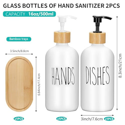 2 Pack 16 Oz Glass Soap Dispenser Set with Tray, Hand Dish Soap Dispenser Set for Bathroom and Kitchen Bottle Dispenser with Dish Soap, Hand Soap, Lotion (White（Hands） White (Dishes)) - color: White（hands）white (Dishes)