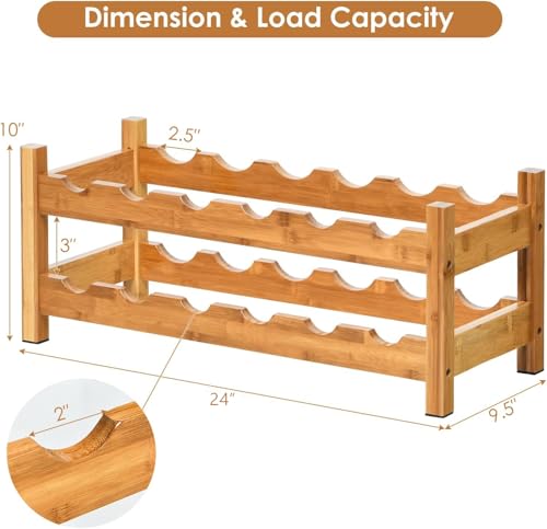 COSTWAY 12 Bottles Wine Rack, 2-Tier BambooWine Display Rack Nature | Freestanding, Rack Tabletop Wine Rack for Countertop Home Kitchen Pantry, Bar, Pantry, Cellar (24.5L x 9.5W x 10H) - color: Natural, size: 24” x 9.5” x 10” (L x W x H)