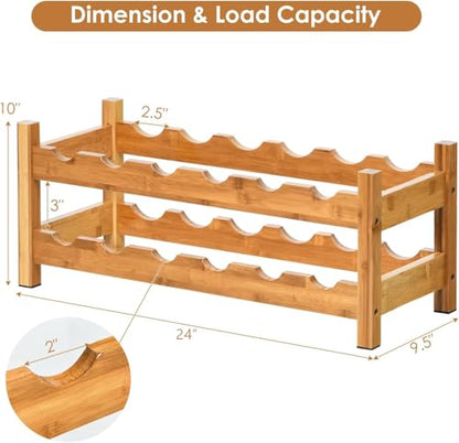 COSTWAY 12 Bottles Wine Rack, 2-Tier BambooWine Display Rack Nature | Freestanding, Rack Tabletop Wine Rack for Countertop Home Kitchen Pantry, Bar, Pantry, Cellar (24.5L x 9.5W x 10H) - color: Natural, size: 24” x 9.5” x 10” (L x W x H)