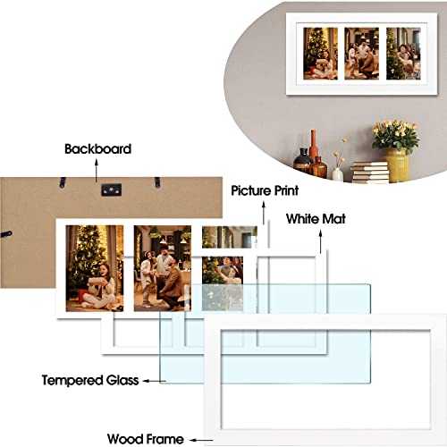 Golden State Art, Collage Picture Frame 7x14 Matted 3 4x6 Photos Wood White | Clear Real Glass Cover and White Mat, Horizontal & Vertical Display Multi Prints For Gallery Wall, Home Decor & Holiday Gift - size: 7x14 White, for (3) 4x6