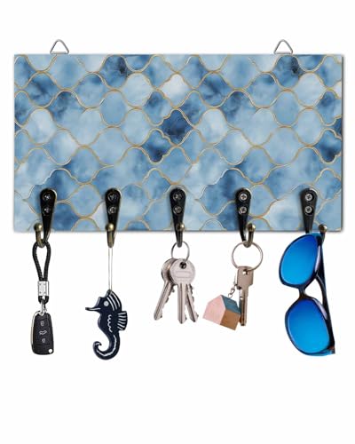 Key Holder for Wall Ombre Blue White Marble Decorative Hanging Key Rack Wall Mount with 5 Hooks Lattice Modern Art Organizer Wall Decor for Entryway Front Door Kitchen 9.4x5in