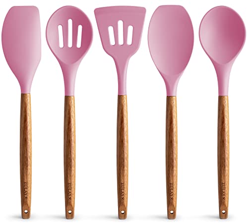 Zulay Kitchen 5 Piece Silicone Utensil Set | Non-Stick Silicone Cooking Utensils Set with Acacia Wood Handles - 464°F Heat Resistance Kitchen Utensils Set - Pink - color: Pink, size: 5-Piece Set