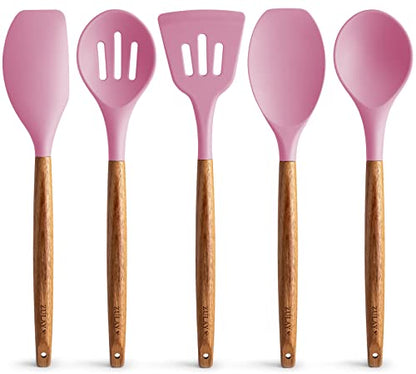 Zulay Kitchen 5 Piece Silicone Utensil Set | Non-Stick Silicone Cooking Utensils Set with Acacia Wood Handles - 464°F Heat Resistance Kitchen Utensils Set - Pink - color: Pink, size: 5-Piece Set