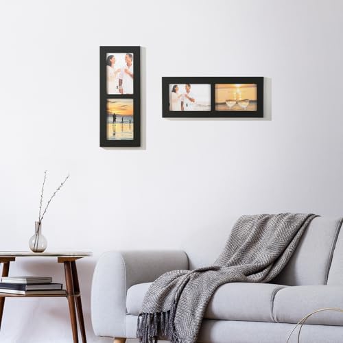 6x4 2-Opening Collage Picture Frame Black Wood | Two 4x6 openings, shatter-resistant glass, tabletop & wall mount - size: 6x4 - 2 Opening