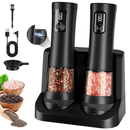 Flelano Electric Salt and Pepper Grinder Set, Automatic Refillable Salt and Pepper Shakers 2-Speed Setting with LED Light and 5 Adjustable Coarseness,Practical and Convenient Kitchen Gadgets,All-Black - color: All-Black