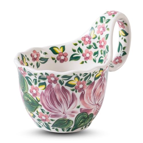 Vintage Floral Hand-Painted Ceramic Multipurpose Mug Bowl, Large Capacity Curved Handle Breakfast Oatmeal Cup, Ceramic Soup Bowl Coffee Tea Cup, Microwave & Dishwasher Safe for Home Kitchen Daily Use - color: Ceramic Soup Bowl Petal & Lotus Greenery