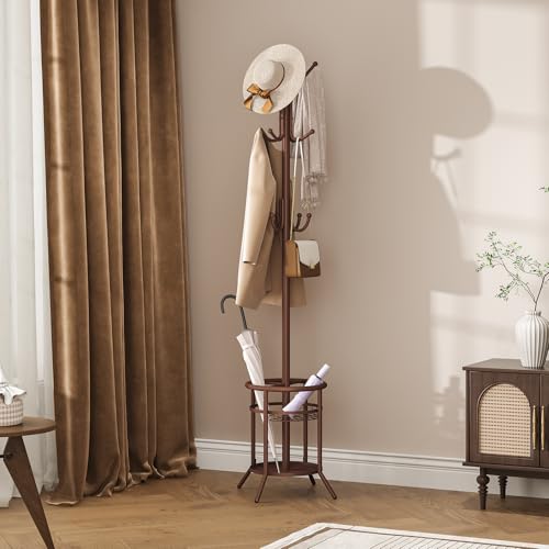 ELYKEN Coat Rack Freestanding, Metal Coat Rack with Umbrella Holder | 12 Hooks, Round Base, Heavy Duty Floor Standing Coat Tree for Entryway, Hallway, Living Room, Bedroom, Office, Brown - color: Brown