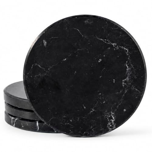 Marble Coasters, Round Modern Coaster Set of 4 for Drinks, 4" Stone Coaster Heat Resistant, Decorative Marble Coasters for Coffee Table Home Bar Decor, Gift Choice(Black) - color: 4 Pcs-black