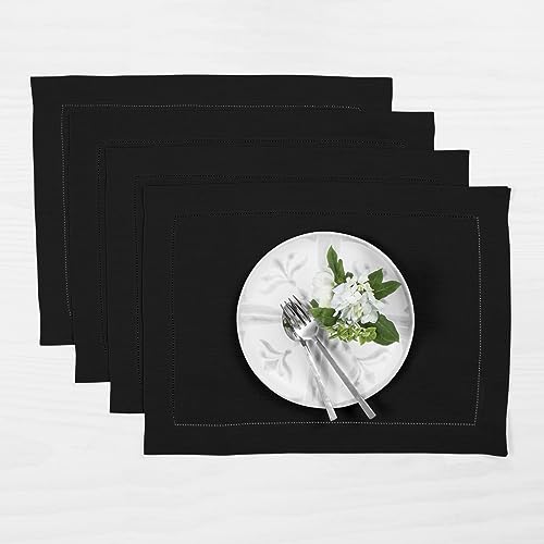 Solino Home 100% Pure Linen Placemats Black Hemstitch, 14 x 19 in, Set of 4 | Classic Hemstitch Place Mats place settings for daily dining | hand hemstitched borders, artisan crafted | OEKO-TEX Certified - color: 06: Black, size: 14" X 19" (Set of 4)