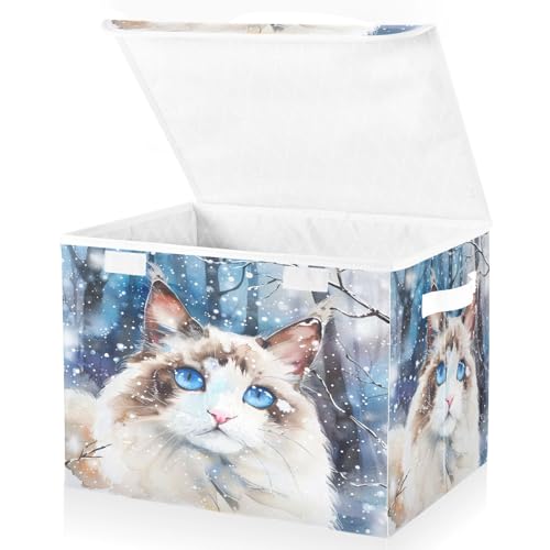 senya Winter Baskets Collapsible Storage Bins with Lids, Ragdoll Cat in The Snow Storage Boxes Clothes Baskets for Organizing - color: Winter Cat