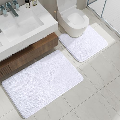 Bathroom Rug Sets 2 Piece, 20"x20" U-Shaped & 21"×34", White | Toilet Mat Non Slip Bath Mats Floor Set, Washable Bath Rug Set, Absorbent Soft Bathroom Rug - color: White