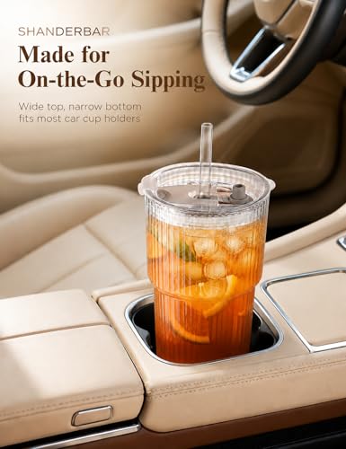 20 oz Ribbed Glass Tumblers with Lids and Straws, Clear, Set of 4 | Thick Reusable Iced Coffee Cups Leak-proof, Reusable Drinking Glasses for Cold & Hot Beverages, Fits Car Cup Holder Travel