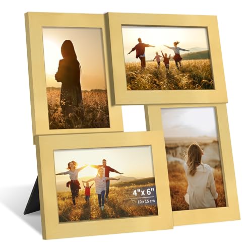 4x6 Collage Picture Frame, Wooden Frame with Real Glass, 4 Opening | Multi Picture Frame with Stand for Wall or Tabletop Display, Gallery Frame for Home Décor, Family Photo Display, Gold - color: Gold