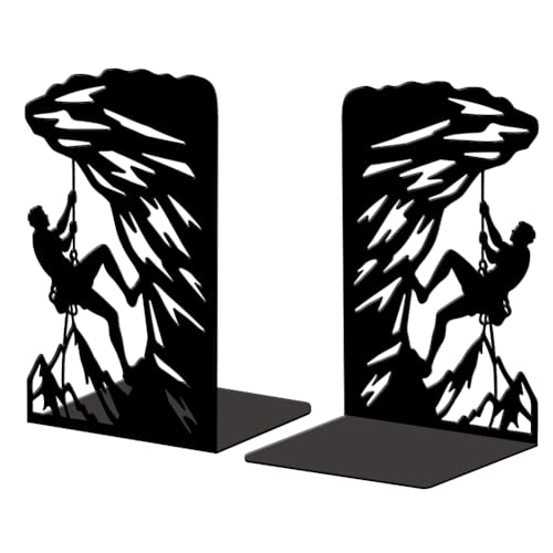 5.3"x4.3"x7.9" Metal Bookends, Heavy Duty Book Ends for Shelves | Rock Climbing Theme Cast Iron Book Supports, 1 Pair Decor Stoppers for Desk, Library, Office & Home Shelves - style: Rock Climbing