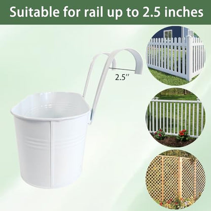 6 Pack 10" Metal Hanging Fence Planter Outdoor with Detachable Hooks, White | Removable hook, Drainage hole, Rustproof, For flowers / herbs / succulents, veggies, For railings / fences / balconies - color: White