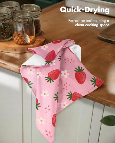 2pcs Cotton Waffle Kitchen Towels, Strawberry | Waffle Weave, Terry Cloth, Pure Cotton, Sustainable, 16"x26", Highly Absorbent, with Hanging Loop, Giftable Package - color: Strawberry