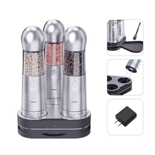COSPRO Electric Salt and Pepper Grinder Set of 3 with Wireless Charging Base | Rechargeable Automatic Pepper Mill | Stainless Steel | One-Hand Use | Adjustable Coarseness | Easy Clean | Kitchen Gift - size: Set of 3