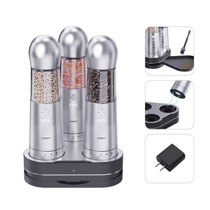 COSPRO Electric Salt and Pepper Grinder Set of 3 with Wireless Charging Base | Rechargeable Automatic Pepper Mill | Stainless Steel | One-Hand Use | Adjustable Coarseness | Easy Clean | Kitchen Gift - size: Set of 3