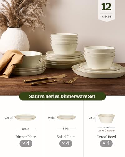 Famiware Saturn Dinnerware Sets, Ceramic Dishes for 4, Rimmed Plates, Bowls | Vanilla White, 12 pcs Microwave & Dishwasher Safe Stoneware, Chip & Scratch Resistant, Modern Rustic Tableware, Everyday Use - color: Vanilla White, size: 12