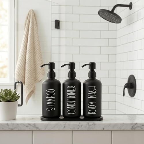 MOMEEMO Reusable Shampoo and Conditioner Bottles with Tray, Black | Shampoo Bottles Refillable with Pump, Pump Bottles for Shampoo and Conditioner, Shower Dispenser Bottles - color: Black Black