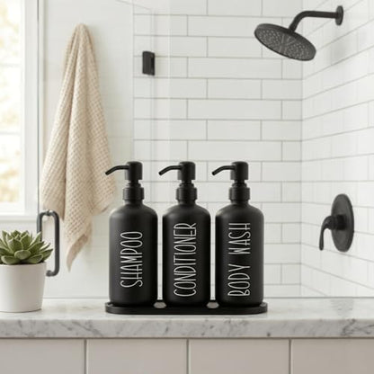 MOMEEMO Reusable Shampoo and Conditioner Bottles with Tray, Black | Shampoo Bottles Refillable with Pump, Pump Bottles for Shampoo and Conditioner, Shower Dispenser Bottles - color: Black Black
