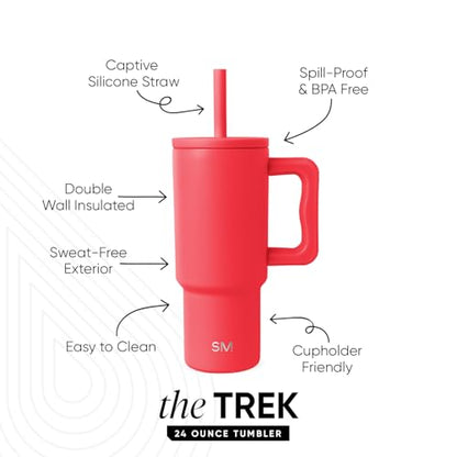 Simple Modern Kids 24 oz Tumbler with Handle and Silicone Straw Lid | Spill Proof and Leak Resistant | Reusable Stainless Steel Bottle | Gift for Kids Boys Girls | Trek Collection | Radiate Red | Trek Kids Water Bottle, Toddler Cup | Insulated Stainless S