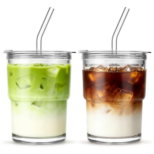 INSETLAN 13 oz Portable Glass Tumblers Set of 2, Thick Wall Glass Cups with Lid and Glass Straw, On-the-Go Coffee Cups for Iced Coffee, Tea, Milk, Hot & Cold Drinks, Travel & Daily Use - color: 13 oz - 2 Pcs