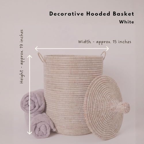 Decorative African Hooded Basket with Lid and Handles, 15" Wide, 19" Tall (White) - color: White
