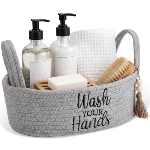 Wash Your Hands Bathroom Decoration Grey Cotton Rope Toilet Basket Toilet Paper Holder Basket Rustic Bathroom Organizer Farmhouse Home Decoration Organizing Small Baskets - color: Grey, style: Wash Your Hands
