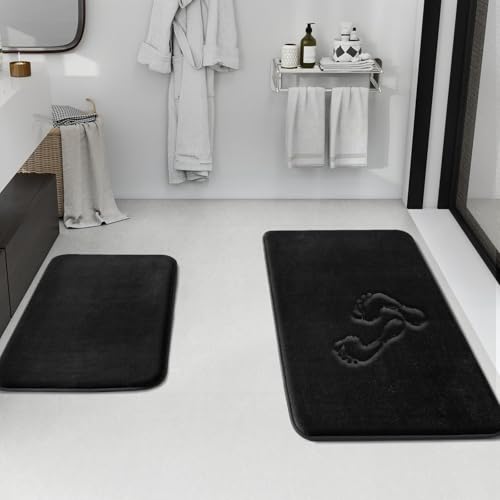 Bathroom Rugs Sets 2 Piece, Non-Slip & Quick Dry Bath Mat Set, Ultra Soft Velvet Bath Rugs for Bathroom, Toilet and Shower Floor, Black - color: Black, size: 17"x24"+20"x32"