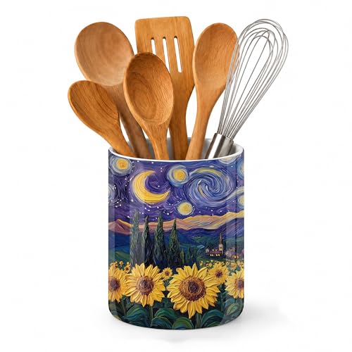 Starry Night Kitchen Utensil Holder,Sunflower Field Ceramic Utensil Crock for Countertop,Cooking Tools Storage jar for Spatulas and Spoons,Housewarming Gifts 6.3" - color: Starry Night Sunflower Field