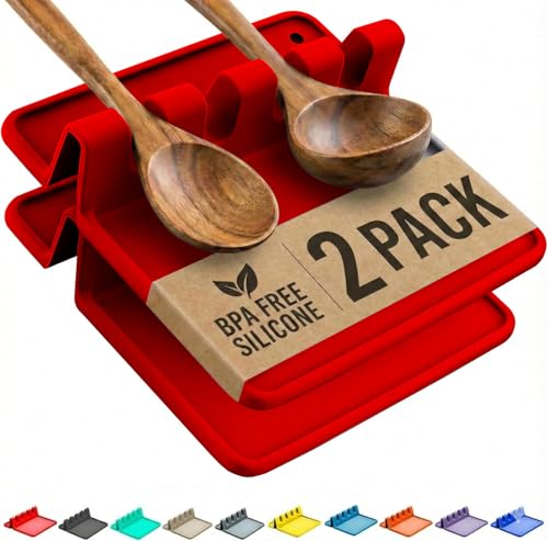 Cooler Kitchen Red Silicone Spoon Rest for Stove Top with Drip Pad (Two Pack) - Heat-Resistant, BPA-Free Utensil Rest & Spoon Holder for Kitchen Counter - Grill Utensil Holder for Spatulas - color: Chili Pepper, size: Medium - 2 Packs