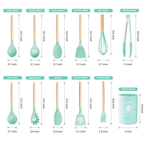 Kitchen Utensils Set Silicone Kitchen Utensils Set with Wooden Handle Utensils for Cooking Heat Resistant Silicone Non-Stick Cookware BPA FREE (Dark Green) - color: Dark Green
