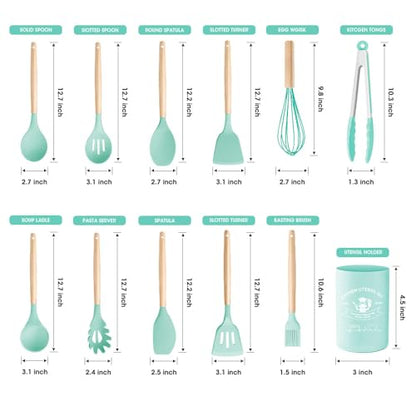 Kitchen Utensils Set Silicone Kitchen Utensils Set with Wooden Handle Utensils for Cooking Heat Resistant Silicone Non-Stick Cookware BPA FREE (Dark Green) - color: Dark Green