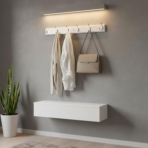 Wooden Wall Mounted Coat Rack – 25 Inch (65vcm), White with 6 Silver Hooks for Entryway, Hallway, Bedroom - size: Medium-25.6in(65cm),6 Silver Hooks, style: Modern
