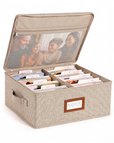 HULISEN Photo Storage Box, Photo Organizer for 2000 4x6 Pictures, Brown | Linen Keepsake Box with Zipper Lid, 8 Dividers, Label Cards Included, Mesh Pocket for Larger Prints, Family Memory Storage - color: Brown