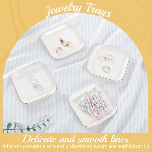 12 Pack Ceramic Jewelry Trays, 4.53 Inch Square Jewelry Dish with Gold Rim, Small Ring Dish Holder for Dresser Vanity, Stackable Decorative Tray, Earring Organizer for Display