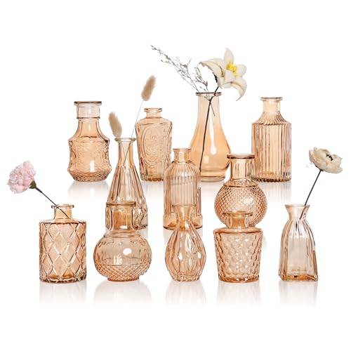 Amber Glass Vase Set of 12, Clear Bud Vases in Bulk, Mini Vases for Flowers, Small Flower Vases for Centerpieces, Vintage Decorative Embossed Vase for Home Decor, Wedding Table Decoration - color: Amber, size: Set of 12 Vases