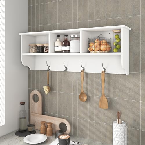 Wall Mounted Coat Rack Shelf,4 Dual Hooks,3 Cubbies,White | 4 dual nickel finish hooks.3 built-in cubbies plus shelf.Holds 55 lbs,MDF,smooth laminate finish.Easy clean,hardware included - color: White