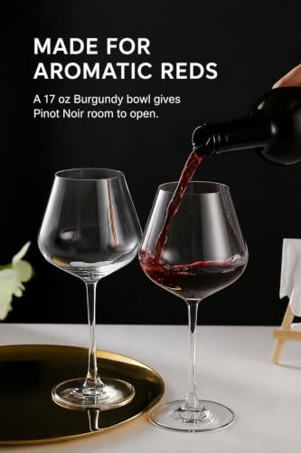 Pinot Noir Wine Glasses Set of 4, Burgundy Crystal, Thin Stem | 17 oz Wide Bowl, Hand Blown, Lead-Free, Laser Cold-Cut 1mm Rim, Seamless Solid Stem, Dishwasher Safe, Protective Gift Box