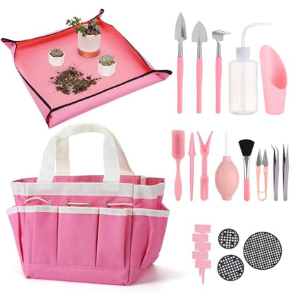 ANPHSIN 44pcs Small Gardening Tools Gifts for Women Beginners, Pink | Garden Hand Tools Set for Indoor Succulent, Bonsai, Plants Transplanting, Included Bag/Repotting Mat/Shovel/Labels - color: Pink
