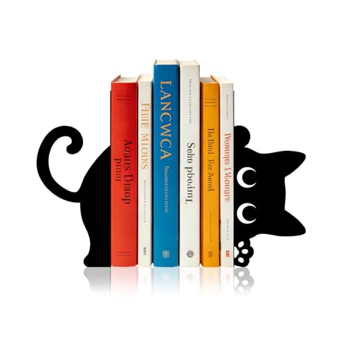 Sanwarm Bookends, 2 Pcs, Metal, for Home Office Desk Shelves Black Cats | Funny Cat Decorative Book Ends Non-Skid Book Stoppers Holder 1 Pair Gifts for Reading Enthusiasts Library Decor - color: Cute Cat