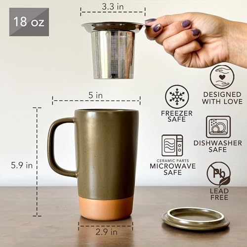 Mora Ceramics Large Tea Mug with Loose Leaf Infuser and Ceramic Lid, 18 oz, Portable, Microwave and Dishwasher Safe, Tall Coffee Cup - Rustic Matte Ceramic Glaze, Modern Herbal Tea Strainer, Olive - color: Olive